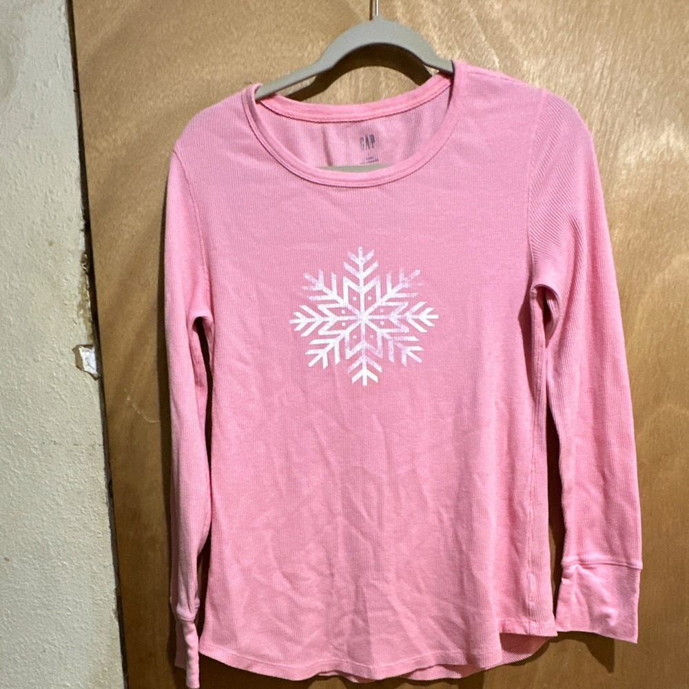 GAP Womens Pink Waffle Knit Thermal Top Long Sleeve Snowflake Graphic L